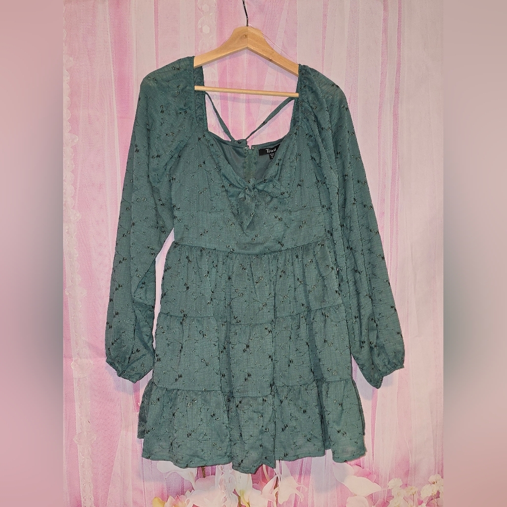 Trixxi Teal Long Sleeve Dress with Tie-Front